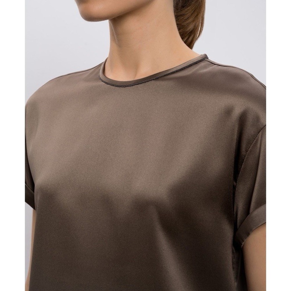 PHARAOH Brown Satin Short Sleeve Top Women's Size 1